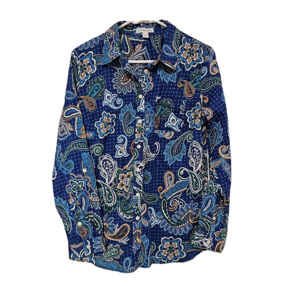 Kim Rogers Womens‎ Button Down Paisley Blue Soft 100% Cotton Size Small EUC
